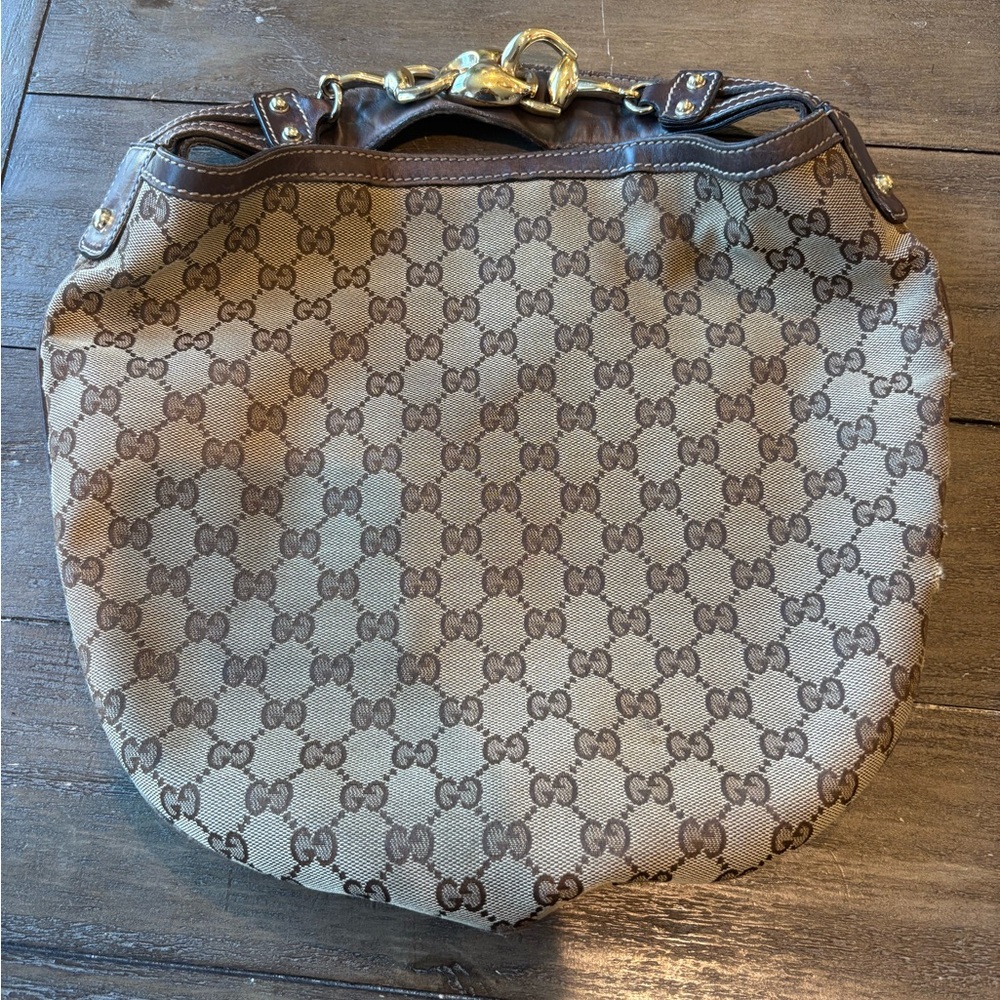 Gucci Brown Hobo Bag with Monogram Canvas and Gold Hardware